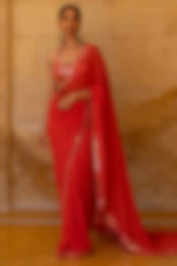 Vermillion Brick Red Georgette Mirror & Thread Embroidered Reception Saree Set by Arpita Mehta at Pernia's Pop Up Shop