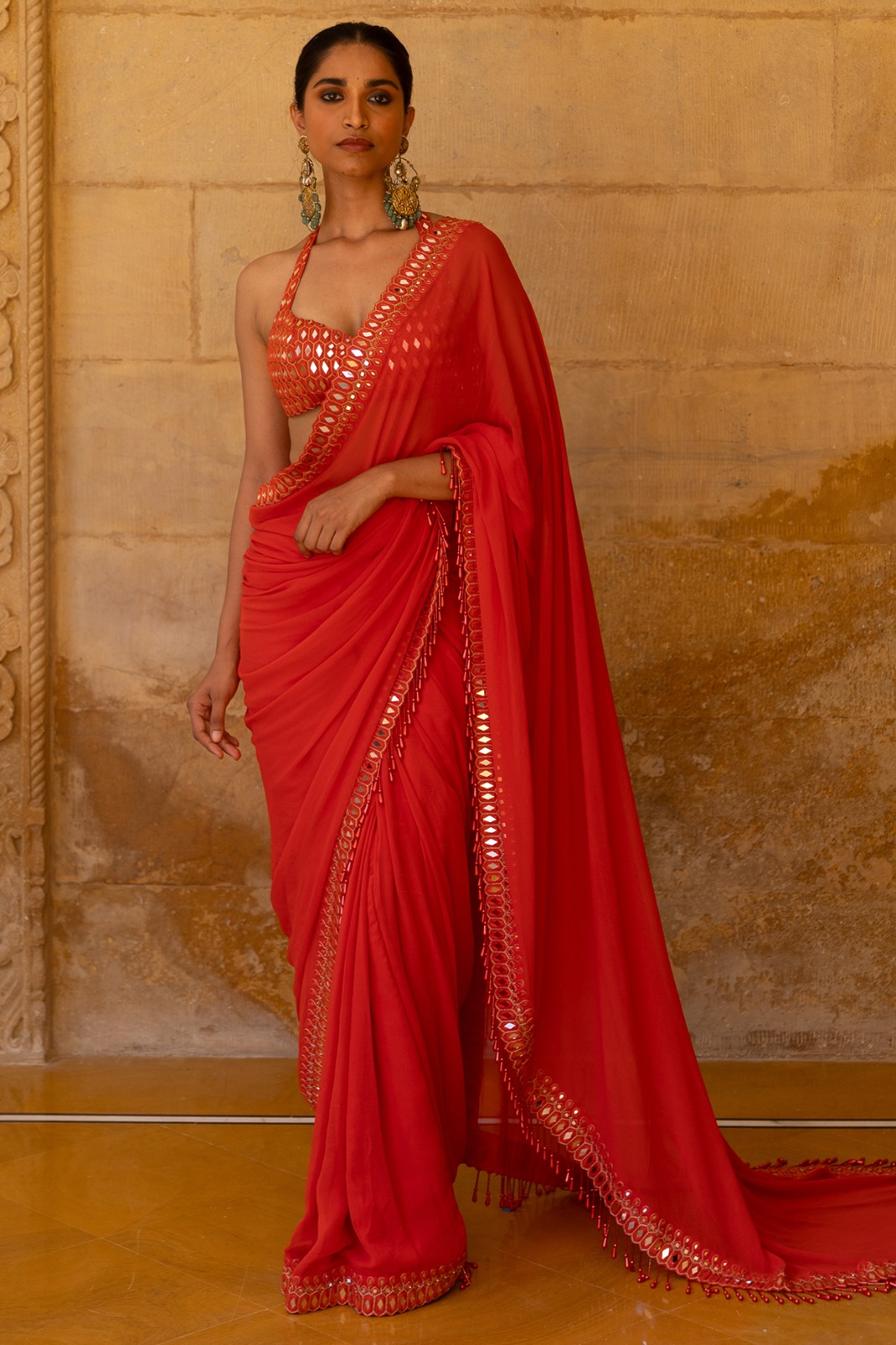 Vermillion Brick Red Georgette Mirror & Thread Embroidered Reception Saree Set by Arpita Mehta at Pernia's Pop Up Shop