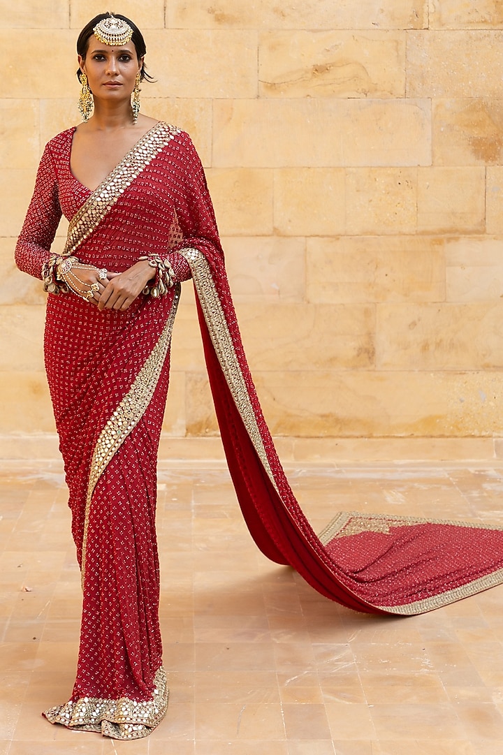 Red Georgette Hand Embroidered Bridal Saree Set by Arpita Mehta at Pernia's Pop Up Shop