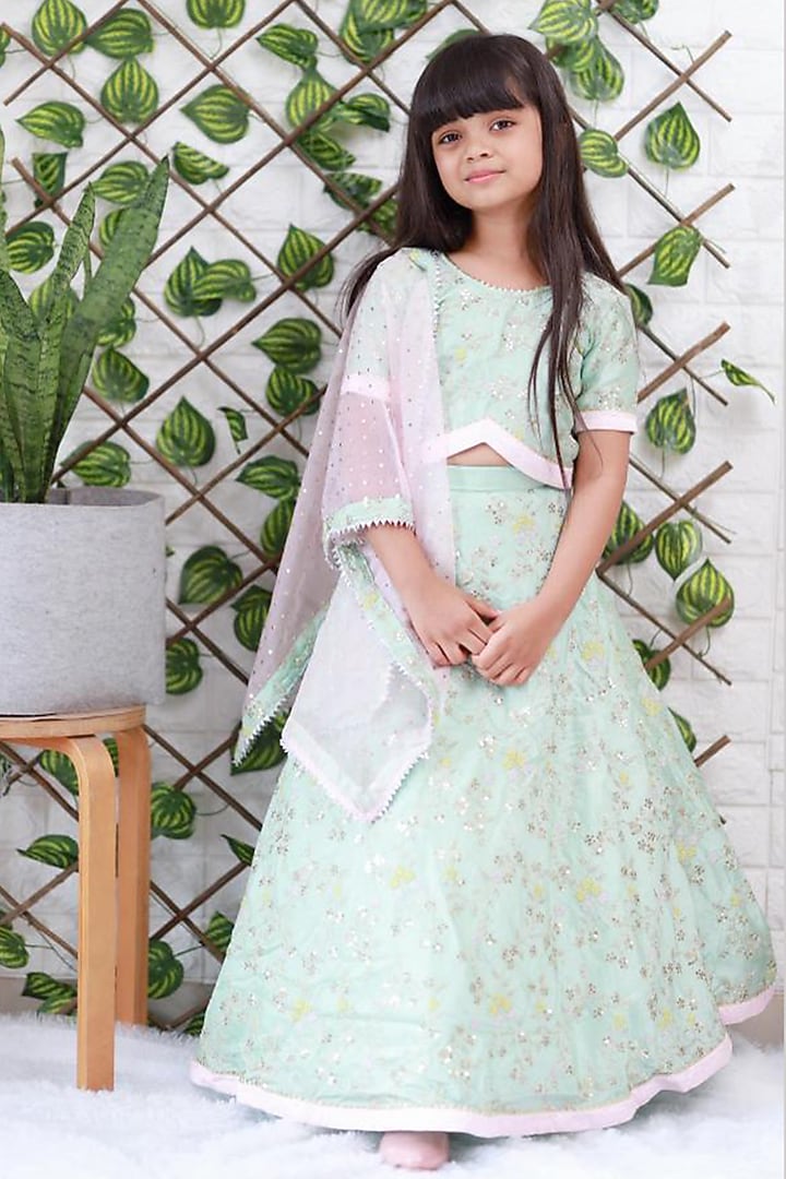 Mint Embroidered Lehenga Set For Girls by Kirti Agarwal Pret n Couture at Pernia's Pop Up Shop