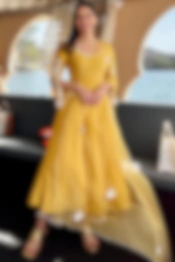 Mustard Yellow Cotton Silk Blend Embroidered Anarkali Set by Devnaagri at Pernia's Pop Up Shop