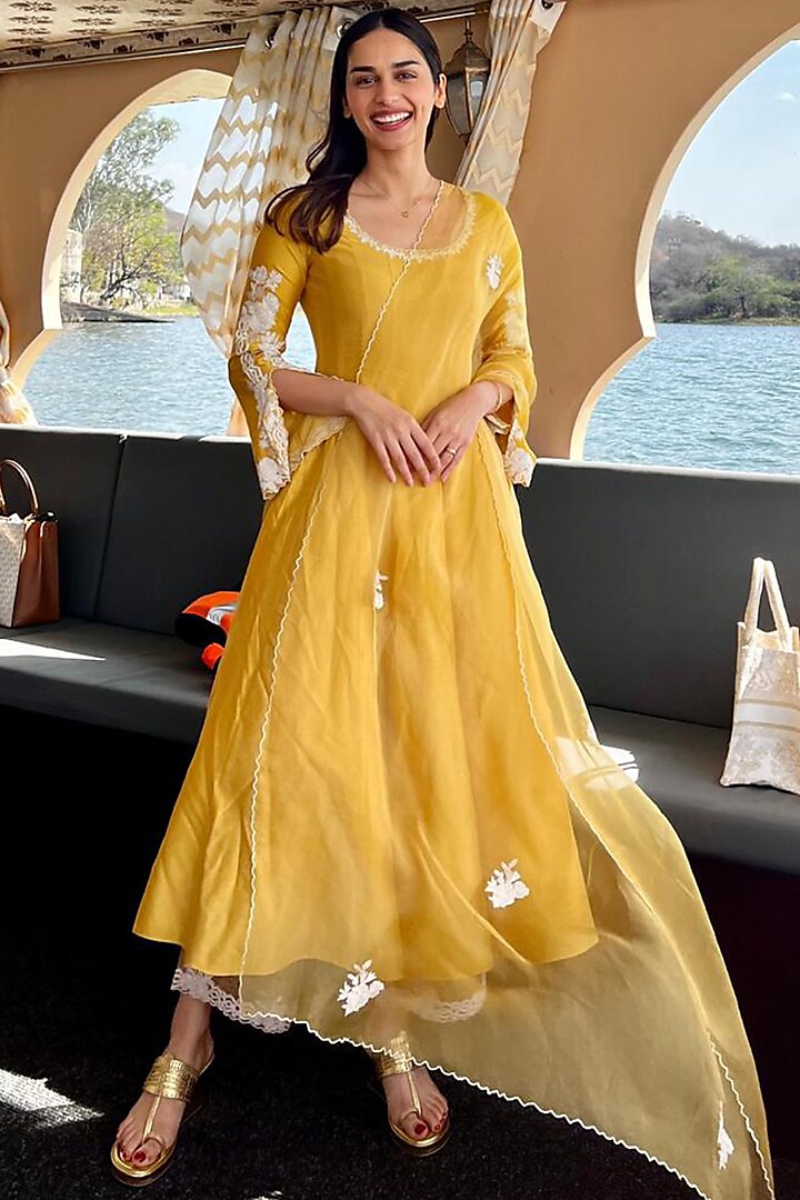 Mustard Yellow Cotton Silk Blend Embroidered Anarkali Set by Devnaagri at Pernia's Pop Up Shop