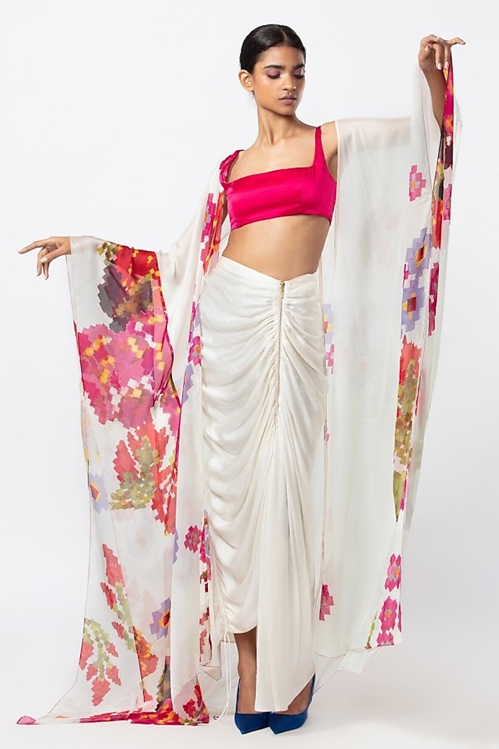 Ivory Chiffon Printed Cape Set by Saaksha & Kinni at Pernia's Pop Up Shop