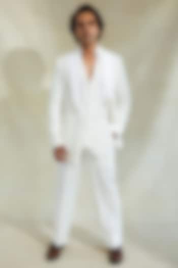 Ivory Japanese Suiting Embroidered Jacket Set by Contrast By Parth