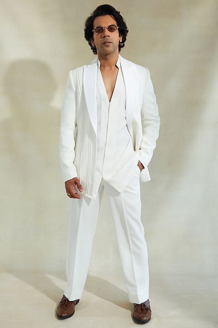 Ivory Japanese Suiting Embroidered Jacket Set by Contrast By Parth