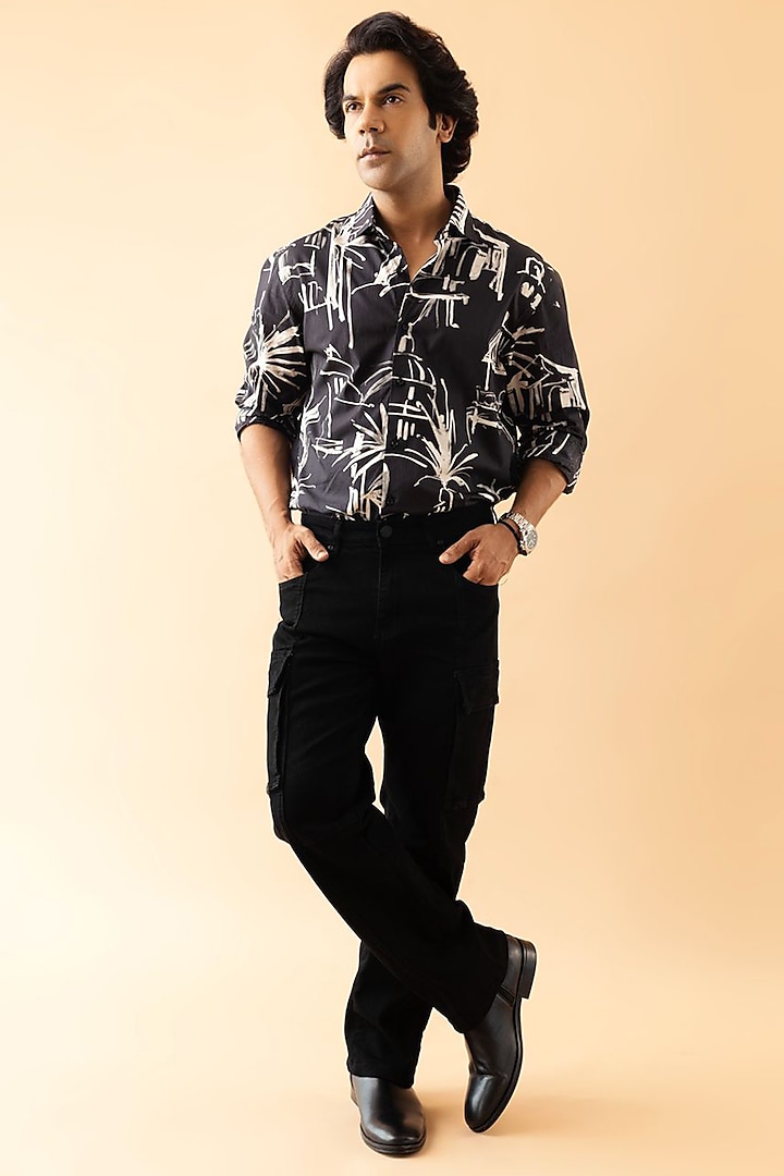 Black Giza Cotton Printed Shirt by Amalfi By Mohid Merchant