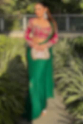 Emerald Green Chinon Chiffon Draped Wedding Saree Set by Anu Pellakuru at Pernia's Pop Up Shop