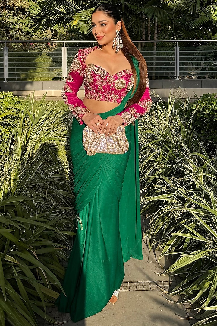 Emerald Green Chinon Chiffon Draped Wedding Saree Set by Anu Pellakuru at Pernia's Pop Up Shop