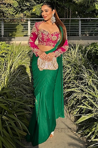 Emerald Green Chinon Chiffon Draped Saree Set by Anu Pellakuru