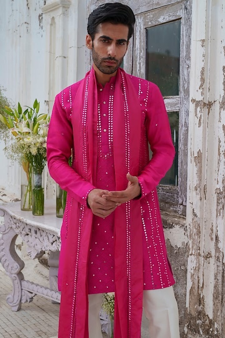 Hot Pink Raw Silk Mirror Embroidered Kurta Set by Amrit Dawani at Pernia's Pop Up Shop