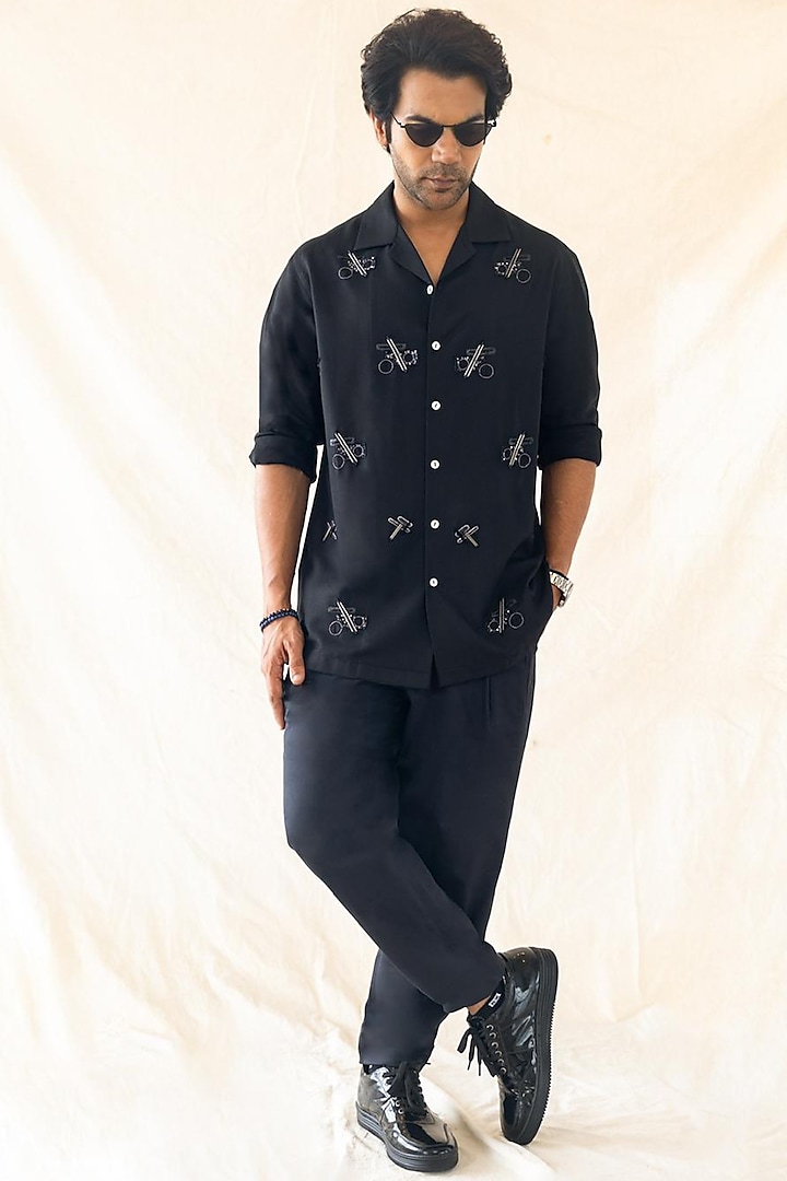 Black Cotton Geometric Embroidered Shirt by Line Outline