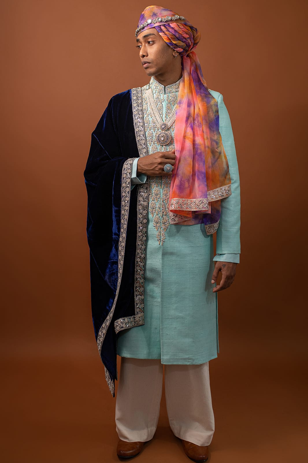 Blue Raw Silk Zardosi Hand Embroidered Sherwani Set by CHANDRESH NATHANI