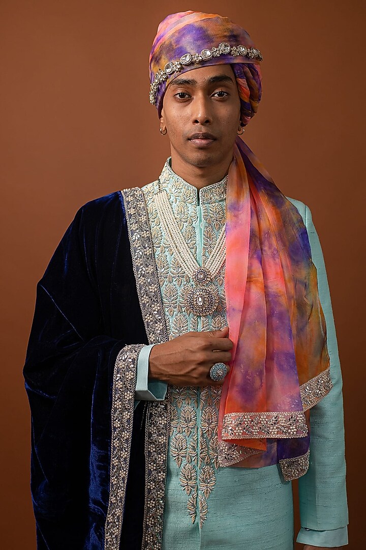 Blue Raw Silk Zardosi Hand Embroidered Wedding Sherwani Set by CHANDRESH NATHANI at Pernia's Pop Up Shop