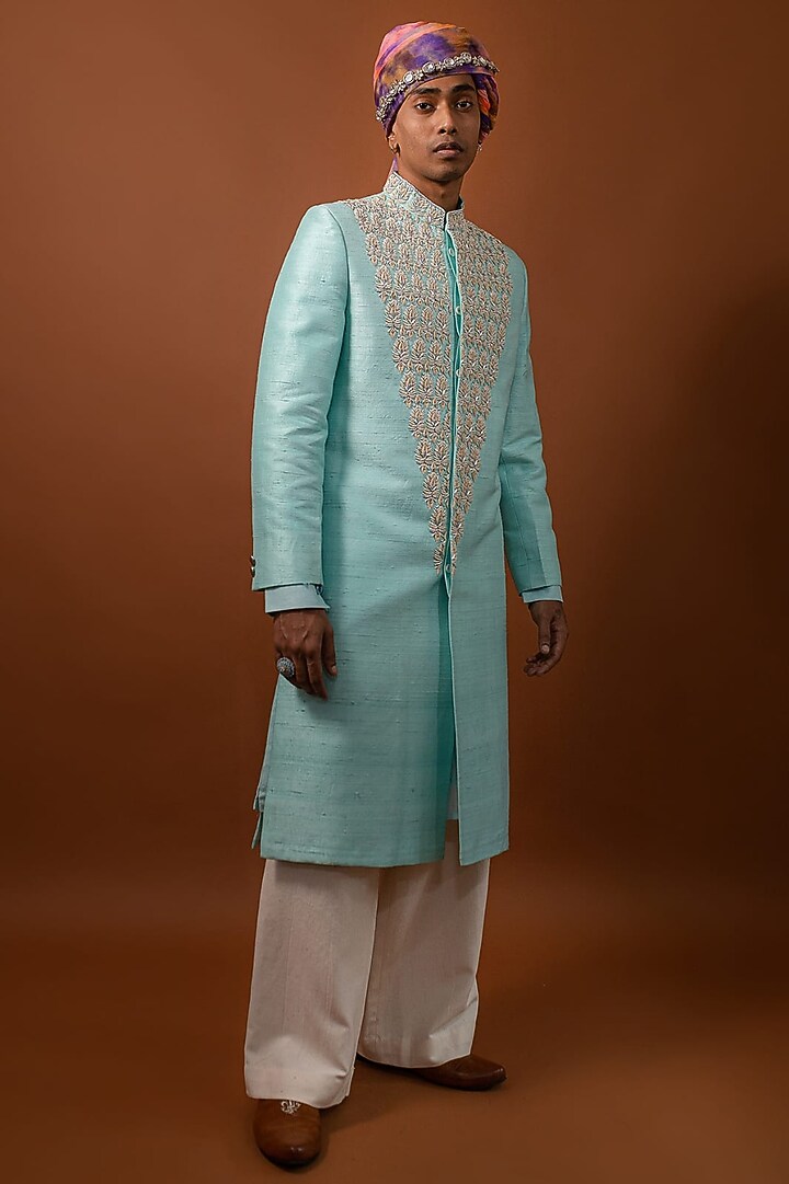 Blue Raw Silk Zardosi Hand Embroidered Wedding Sherwani Set by CHANDRESH NATHANI at Pernia's Pop Up Shop
