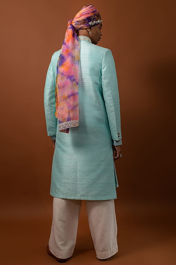Blue Raw Silk Zardosi Hand Embroidered Wedding Sherwani Set by CHANDRESH NATHANI at Pernia's Pop Up Shop