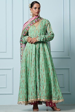 Green Chanderi Digital Printed Anarkali Set by Yuvrani Jaipur