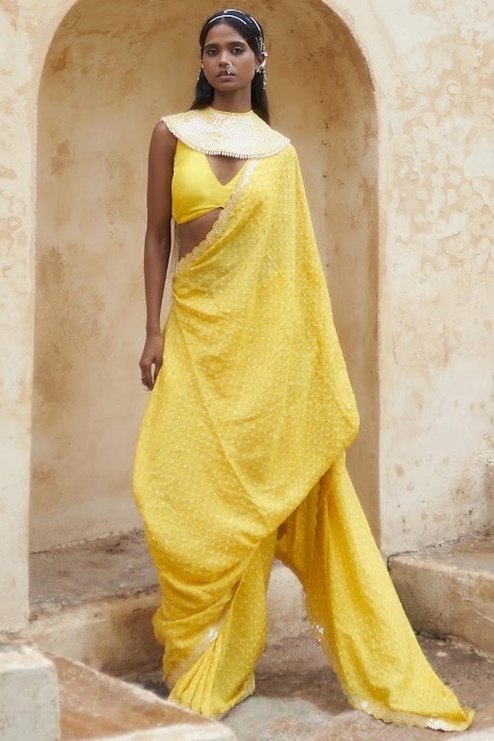 Lemon Yellow Silk Bandhani Wedding Saree Set by Pink City By Sarika at Pernia's Pop Up Shop
