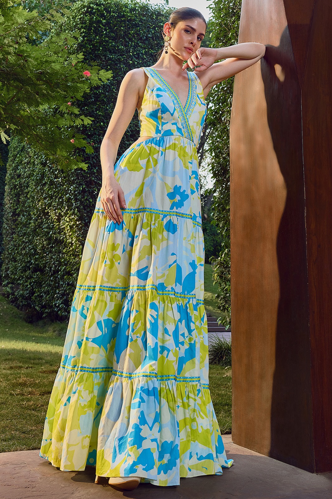 Blue & Yellow Glace Cotton Printed Backless Maxi Dress by Mandira Wirk - Resort at Pernia's Pop Up Shop