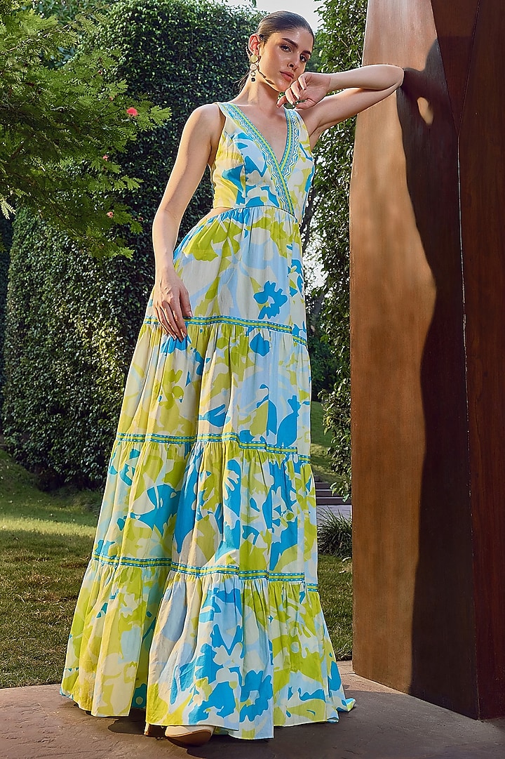 Blue & Yellow Glace Cotton Printed Backless Maxi Dress by Mandira Wirk - Resort at Pernia's Pop Up Shop
