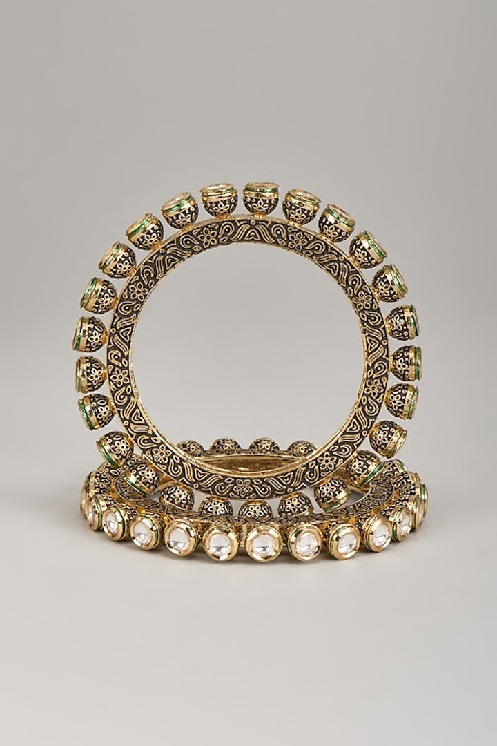 Gold Finish Kundan Polki Bangles (Set Of 2) by VASTRAA Jewellery at Pernia's Pop Up Shop