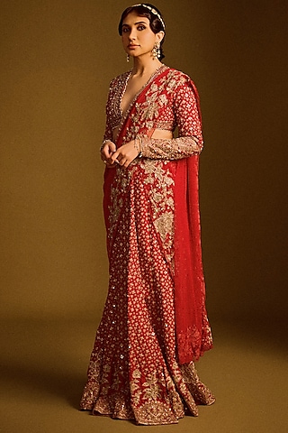 Red Raw Silk Embroidered Skirt Saree Set by Ridhi Mehra