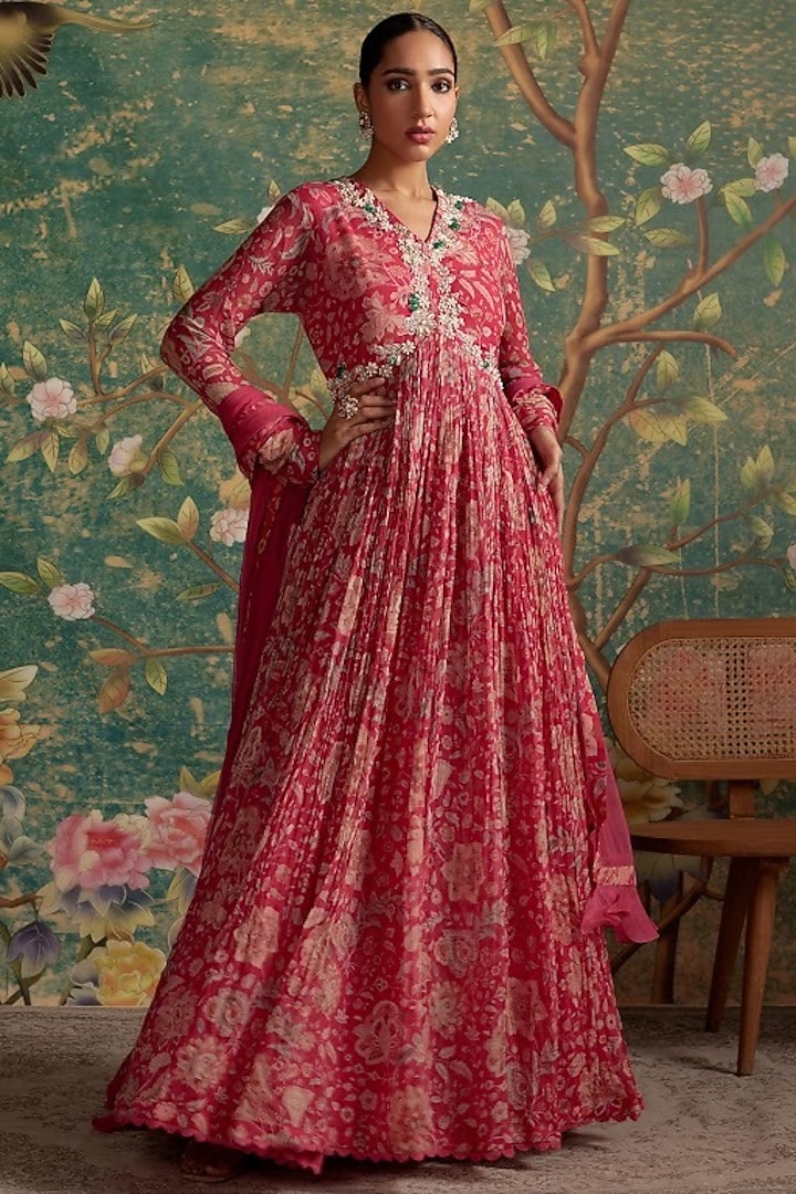 Royal Fuchsia Chiffon Printed & Floral Embroidered Bridal Anarkali Set by Ridhi Mehra at Pernia's Pop Up Shop