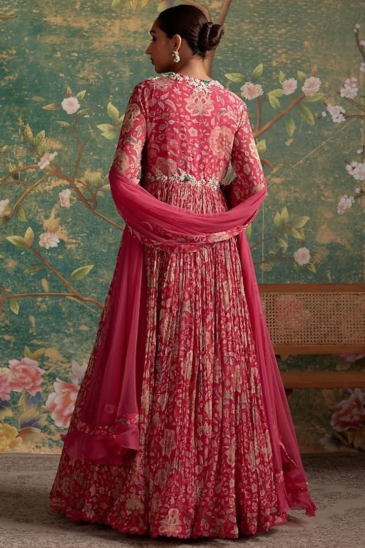 Royal Fuchsia Chiffon Printed & Floral Embroidered Bridal Anarkali Set by Ridhi Mehra at Pernia's Pop Up Shop