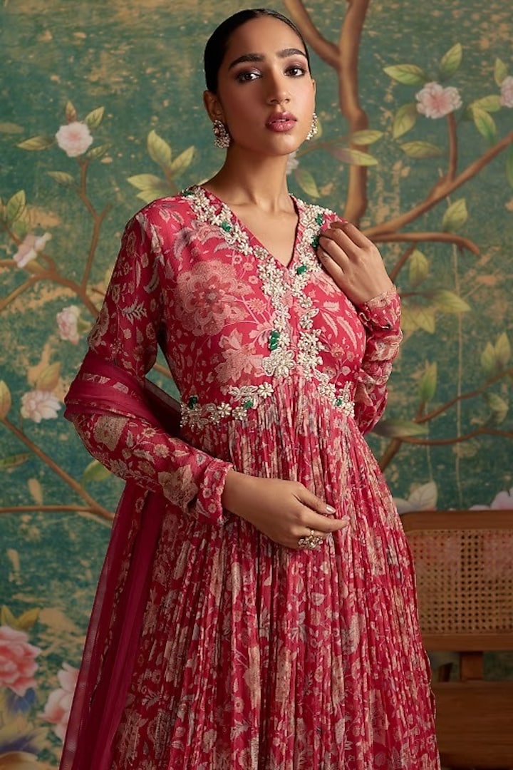 Royal Fuchsia Chiffon Printed & Floral Embroidered Bridal Anarkali Set by Ridhi Mehra at Pernia's Pop Up Shop