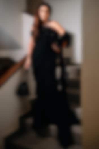 Black Embellished Draped Reception Gown Saree by Ridhi Mehra at Pernia's Pop Up Shop