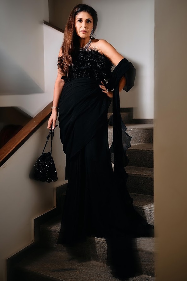 Black Embellished Draped Reception Gown Saree by Ridhi Mehra at Pernia's Pop Up Shop