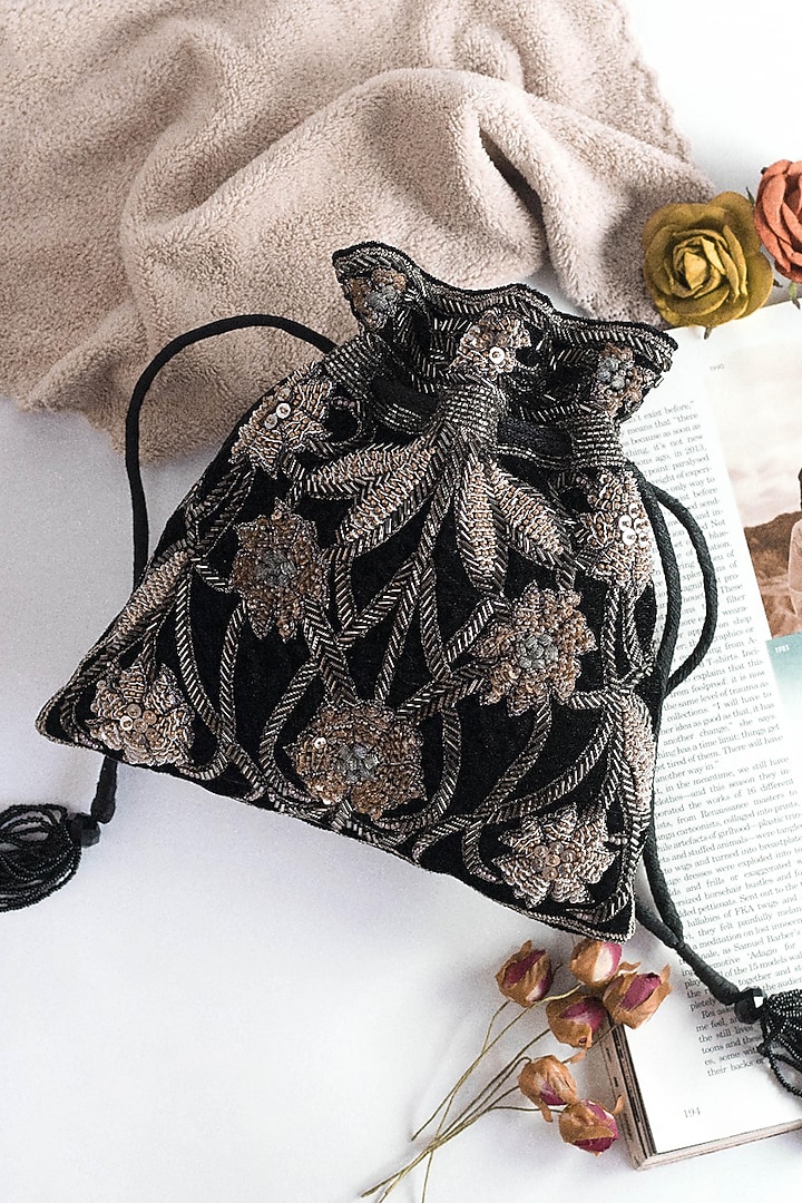 Black Velvet Embroidered Potli by The Pink Potli at Pernia's Pop Up Shop
