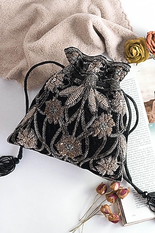Black Velvet Floral Sequins Embroidered Potli by The Pink Potli
