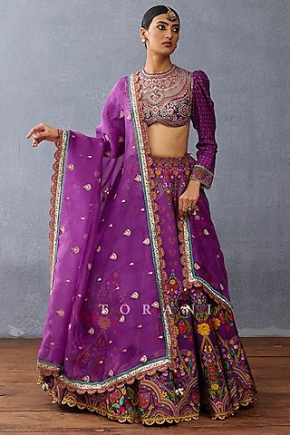 Purple Silk Slub Embroidered & Printed Lehenga Set by TORANI