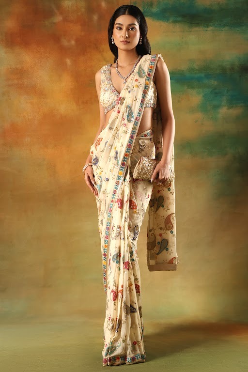 Ivory Net & Georgette Sequins Work Wedding Saree Set by MeenaGurnam at Pernia's Pop Up Shop