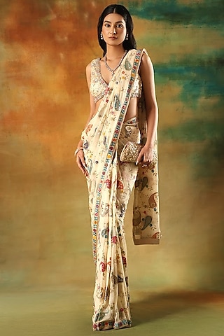 Ivory Net & Georgette Sequins Work Saree Set by MeenaGurnam