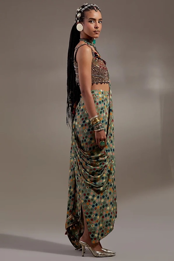 Ash Green Natural Crepe Printed Draped Wedding Saree Set by ASEEM KAPOOR at Pernia's Pop Up Shop