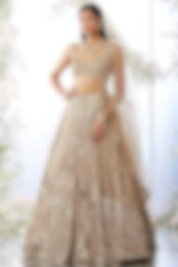 Peach Net Crystal & Sequin Embroidered Bridal Lehenga Set by Seema Gujral at Pernia's Pop Up Shop