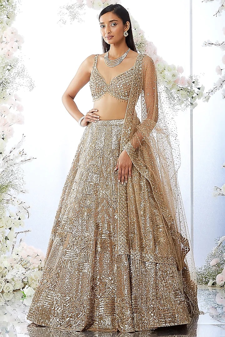Peach Net Crystal & Sequin Embroidered Bridal Lehenga Set by Seema Gujral at Pernia's Pop Up Shop