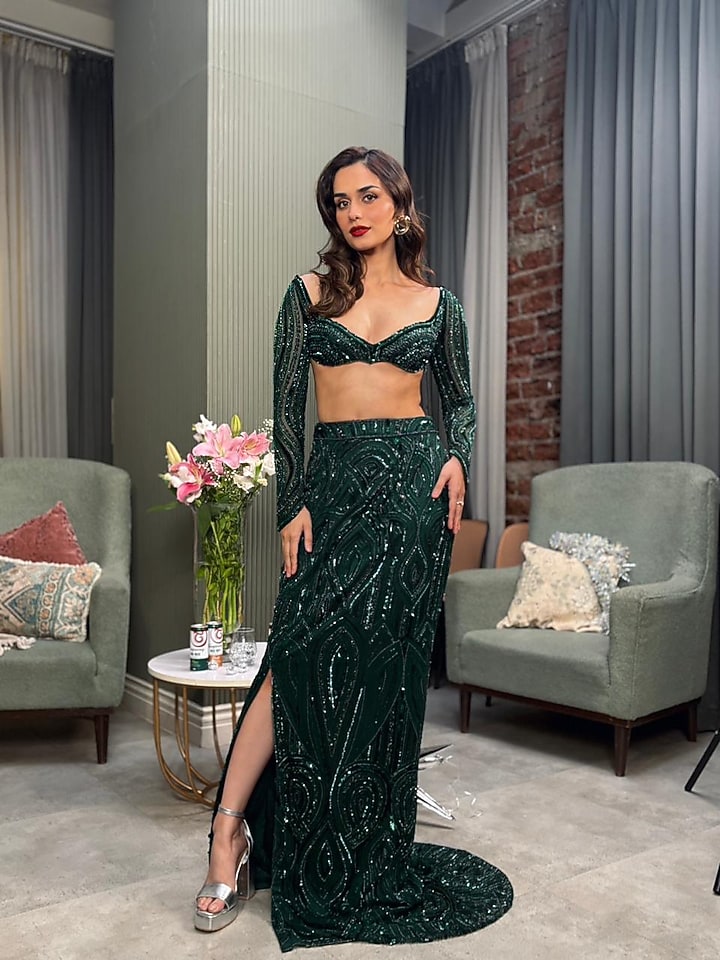 Emerald Green Satin Lycra Embroidered Trail Skirt Set by DiyaRajvvir at Pernia's Pop Up Shop