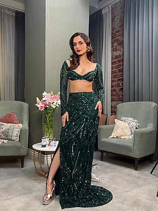 Emerald Green Satin Lycra Embroidered Trail Skirt Set by DiyaRajvvir
