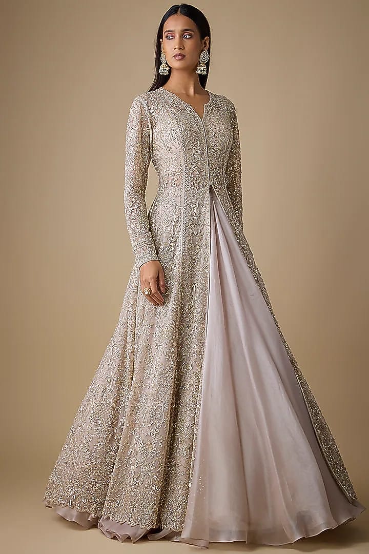 Grey & Ivory Net Embroidered Jacket Set by Anushree Reddy at Pernia's Pop Up Shop
