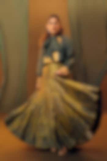 Mustard Vegan Tissue Floral Printed Skirt Set by SHRADDHA RAMBHIA at Pernia's Pop Up Shop