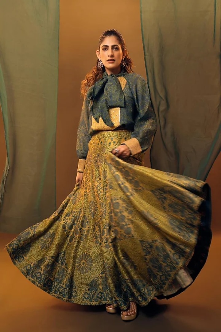 Mustard Vegan Tissue Floral Printed Skirt Set by SHRADDHA RAMBHIA at Pernia's Pop Up Shop