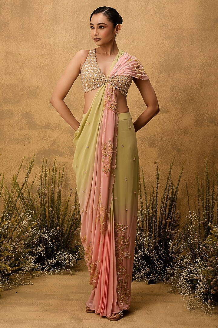 Pastel Green & Pink Ombre Modal Satin Embroidered Pre-Stitched Party Wear Saree Set by Quench A Thirst at Pernia's Pop Up Shop