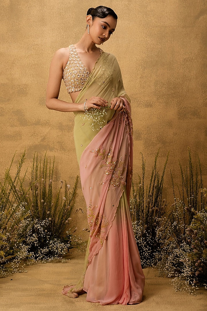 Pastel Green & Pink Ombre Modal Satin Embroidered Pre-Stitched Party Wear Saree Set by Quench A Thirst at Pernia's Pop Up Shop
