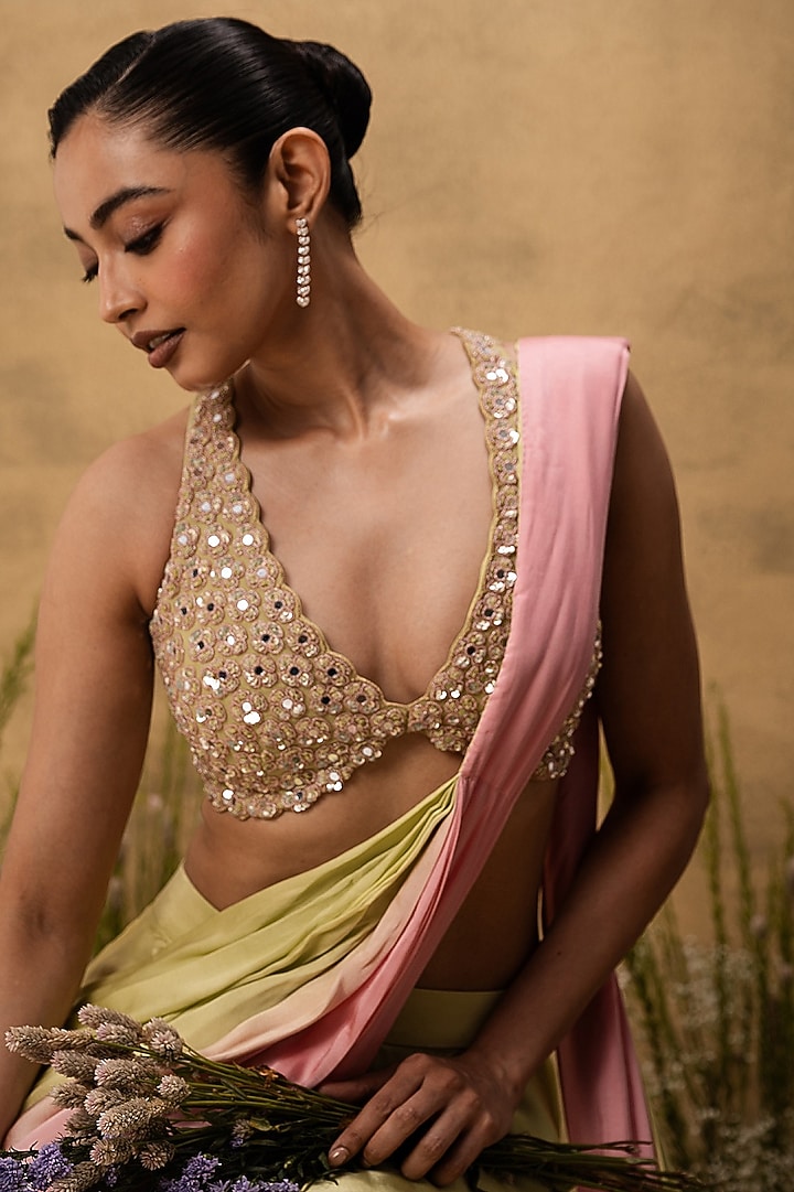 Pastel Green & Pink Ombre Modal Satin Embroidered Pre-Stitched Party Wear Saree Set by Quench A Thirst at Pernia's Pop Up Shop