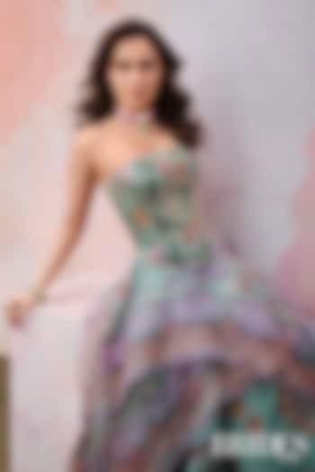 Jade Green Silk Organza Floral Printed Asymmetrical Skirt Set by Mahima Mahajan at Pernia's Pop Up Shop