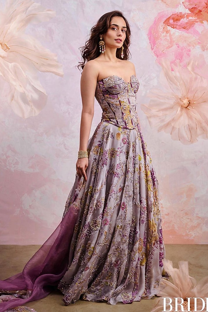 Lilac Silk Organza Embroidered & Printed Wedding Lehenga Set by Mahima Mahajan at Pernia's Pop Up Shop