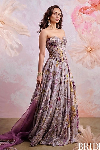 Lilac Silk Organza Embroidered & Printed Lehenga Set by Mahima Mahajan