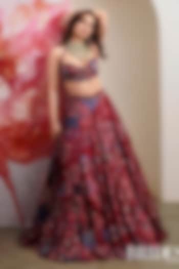 Royal Red Silk Organza Embroidered & Printed Bridal Lehenga Set by Mahima Mahajan at Pernia's Pop Up Shop